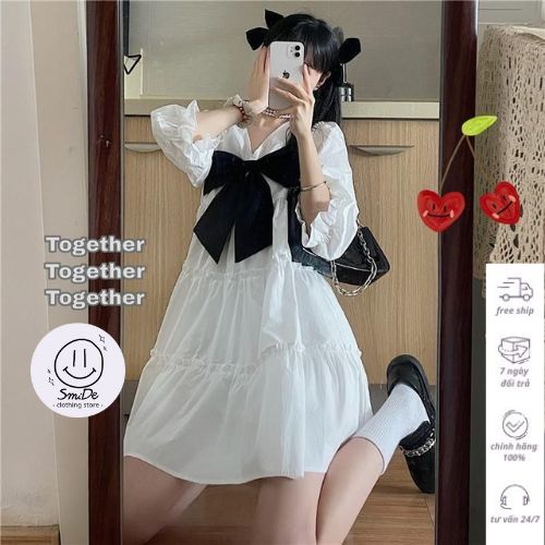 Đầm Babydoll Trắng Nơ Đen Tay Lỡ Lưng Chữ V Tiểu Thư Đáng Yêu | Smide Clothing