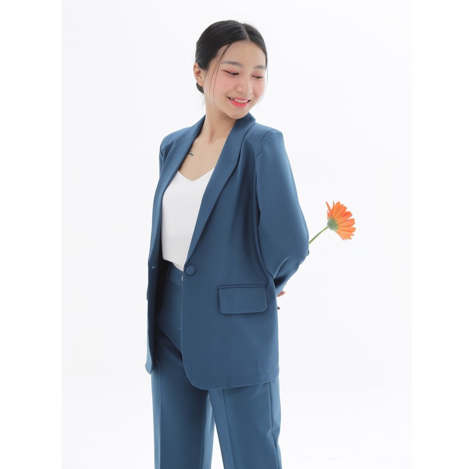 Áo vest nữ blazer  KHÀN màu xanh coban cổ vịt áo khoác công sở tay dài 1 lớp phong cách Hàn Quốc