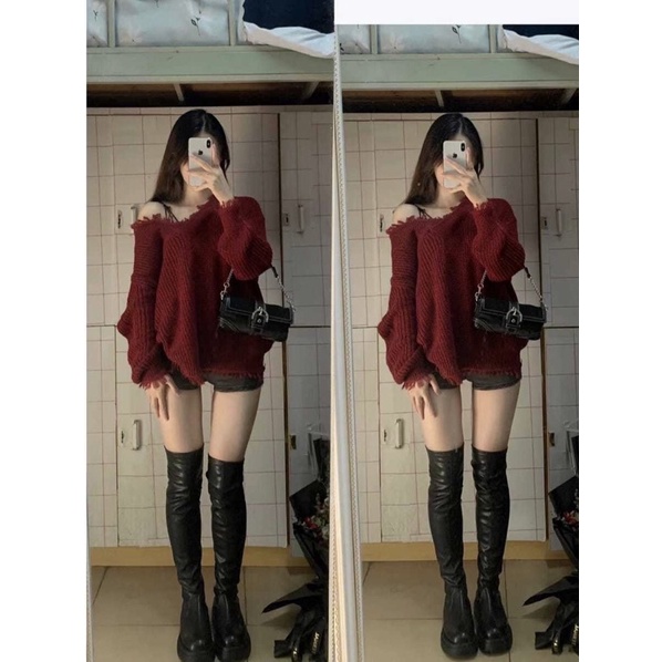Áo len nữ cổ chữ V màu đỏ cực xinh phong cách ulzzang Hàn Quốc