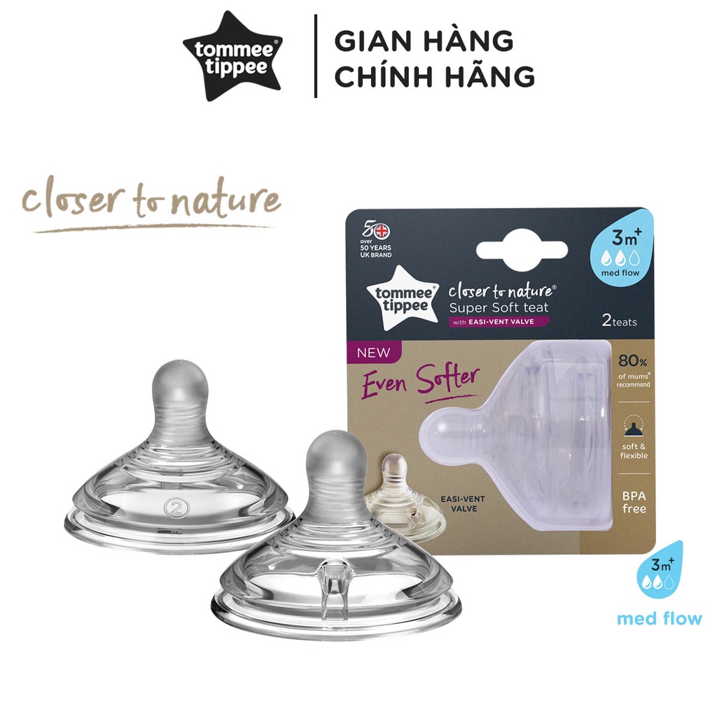 Núm ty silicon siêu mềm tự nhiên cho bé Tommee Tippee Closer to Nature Medium Flow 3-6 tháng (vỉ đôi)