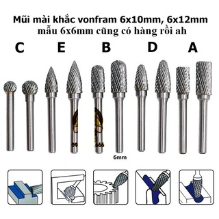 MŨI MÀI KHẮC LÀM LŨA GỖ, KIM LOẠI BẰNG THÉP HỢP KIM VONFRAM CỐT 6mm