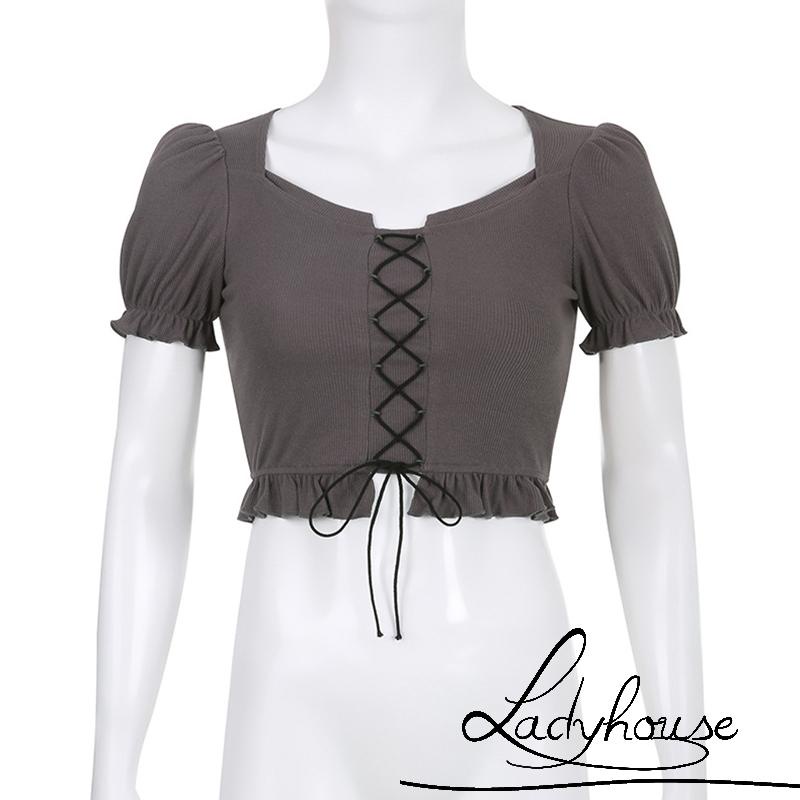 Áo Thun Crop Top Tay Phồng Thiết Kế Dây Rút Phía Trước Thời Trang Mùa Hè Cho Nữ