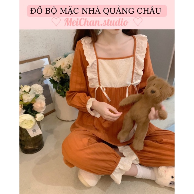 BN5_Bộ ngủ Pyjama, đồ bộ nữ mặc nhà cổ vuông viền phối bèo nơ CHẤT ĐẸP Quảng Châô