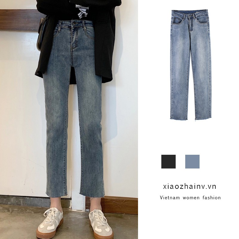  Xiaozhainv Quần jeans thời trang nữ ống rộng lưng cao phong cách Hàn Quốc