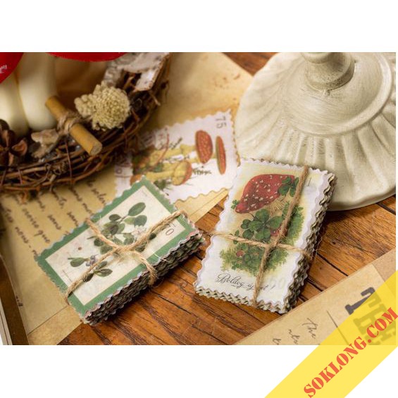 Bộ 60 tem dán Vintage hình thực vật, động vật - Sticker hình tem Tuệ Minh
