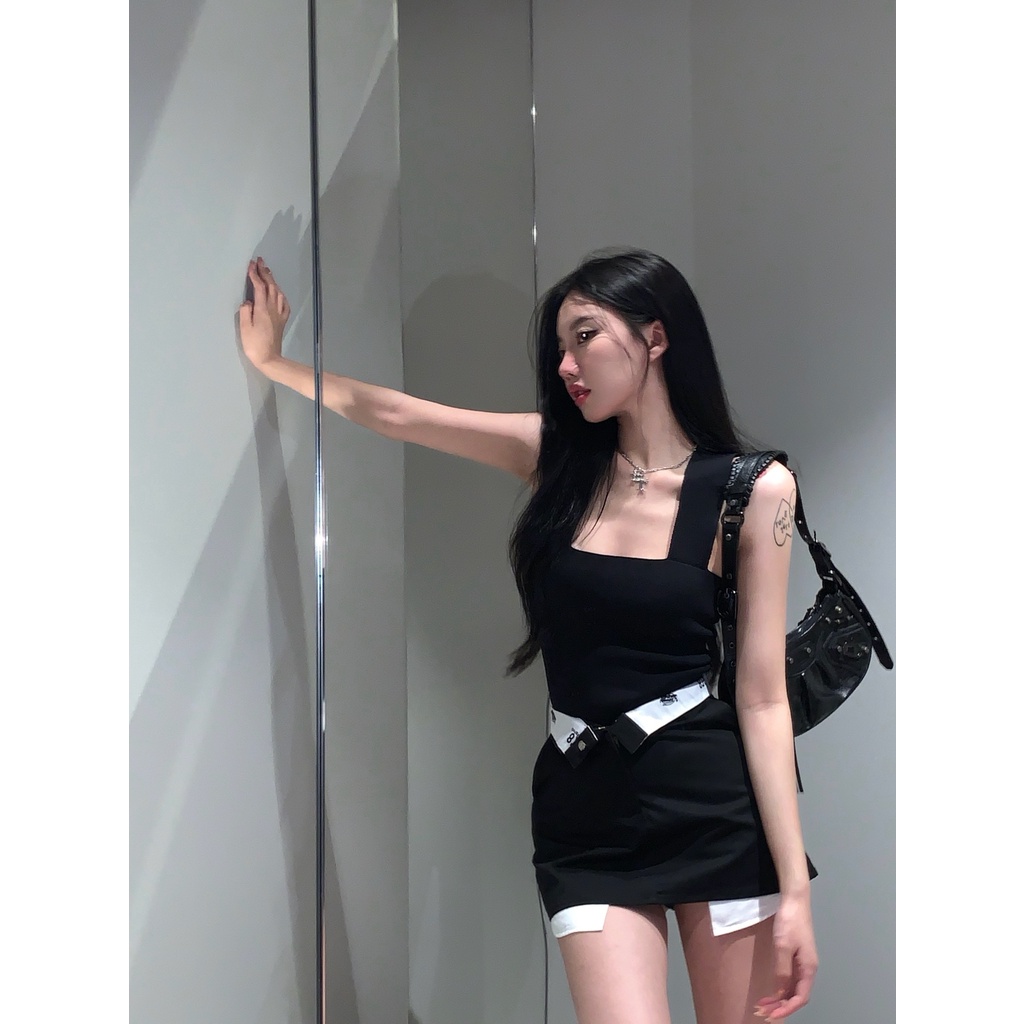 QADCOL  Bộ Áo Dệt Kim Ôm Dáng Màu Đen + Chân Váy Thiết Kế Cổ Tay Đẹp Mắt Cho Nữ