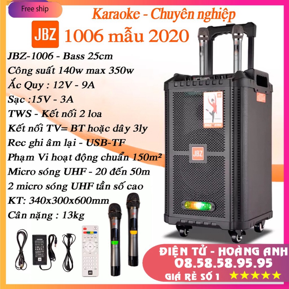 Loa kéo karaoke JBZ-NE-1006 / 0806 / 1206 (Loa 1006 Bass 25cm công suất 140w max 350w) tặng 2 Micro UHF- Kim loại