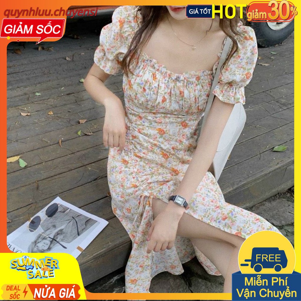 VN44 - VÁY HOA CAM RÚT EO VOAN TƠ CHO NỮ