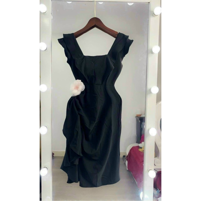 [8.8 Sales Freeship] Đầm lụa cổ vuông cánh tiên chiết eo đính hoa, đầm 2 dây bản to nhún lệch tà đi tiệc sang trọng