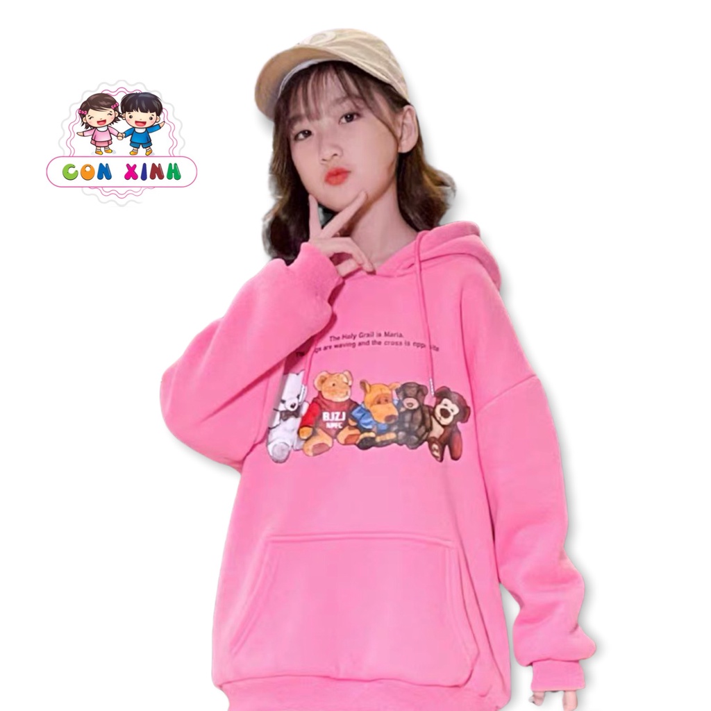 Áo hoodie unisex CON XINH form rộng nỉ nam nữ NHỮNG CHÚ GẤU,thời trang thu đông cho trẻ em từ 4 đến 8 tuổi