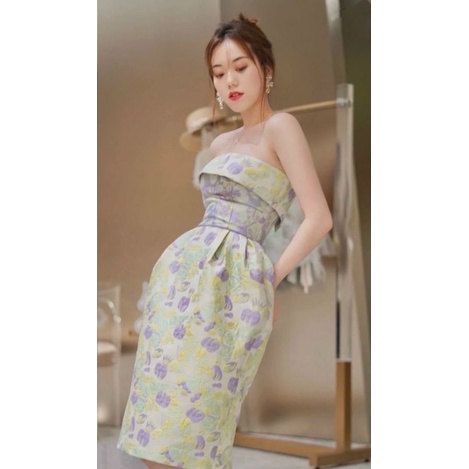 Đầm dự tiệc tafta in hoa 2 dây kiểu cúp bí, Đầm váy Yoona Chen đẹp giá rẻ