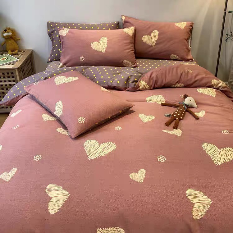 Bộ chăn ga gối Cotton Poly tim hồng nâu