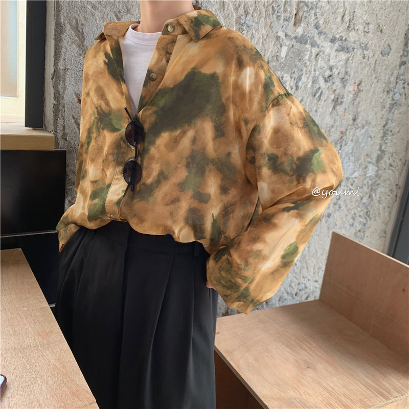 Áo sơ mi tay dài dáng rộng in họa tiết phong cách retro trẻ trung thời trang cho nữ 9760