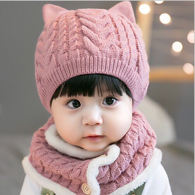 Mũ Len Tai Mèo Cho Bé Kèm Khăn Quàng Cổ Cài Cúc Từ 6-36 Tháng M05