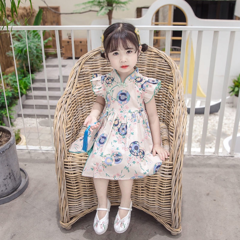 Đầm Hán Phục Tay Ngắn Viền Bèo Phong Cách Trung Hoa Thời Trang Cho Bé Gái 2022 yards 80-130 Yard