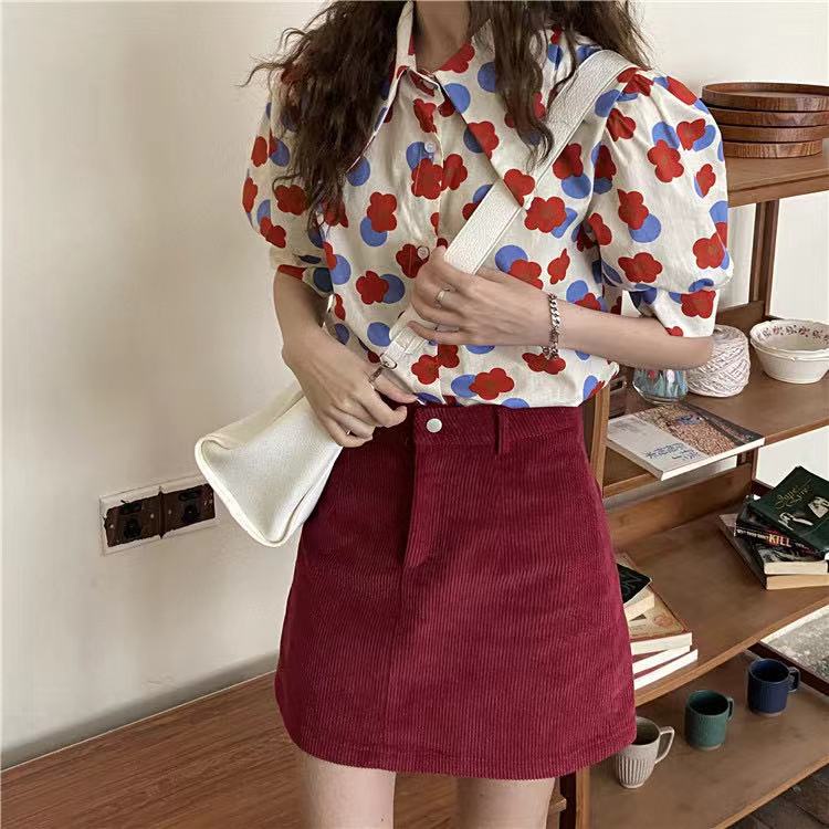 Áo Sơ Mi Tay Ngắn Phồng Cổ Búp Bê In Hoa Phong Cách Retro Pháp Cho Nữ