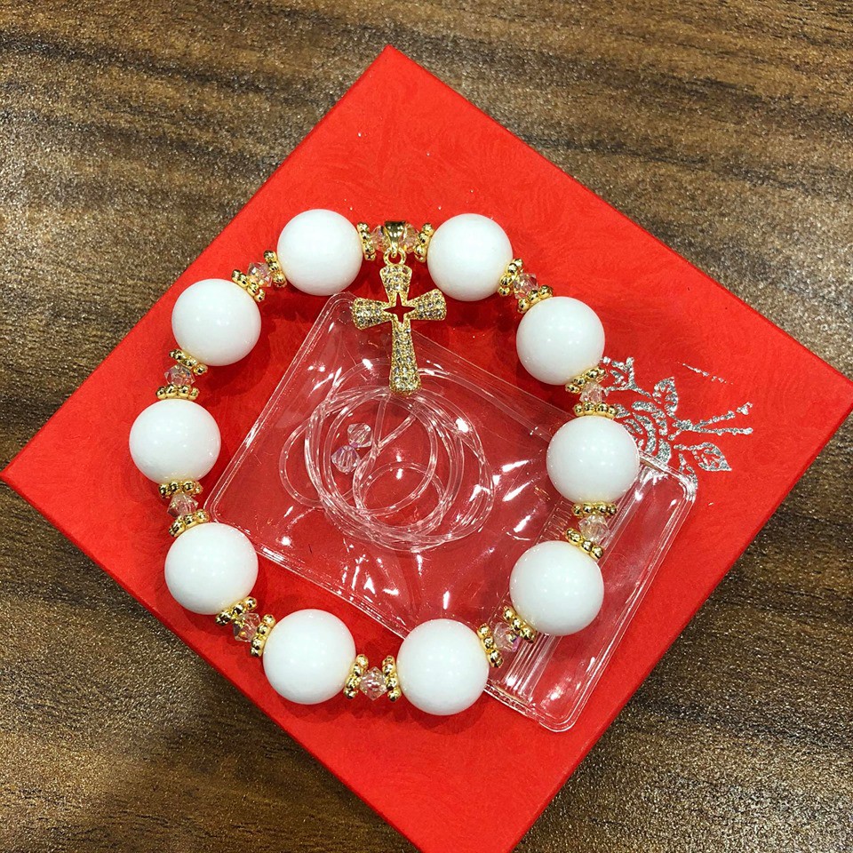 Vòng Tay, Chuỗi Mân Côi MN Màu Trắng Mix Thánh Giá Bạc Thái Mạ Vàng