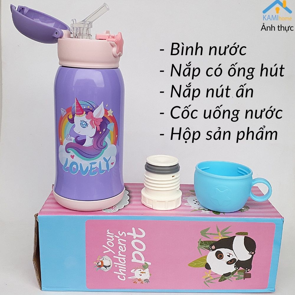 Bình nước giữ nhiệt cho bé có ống hút và túi xách tiện lợi nhiều họa tiết dễ thương mã 22033