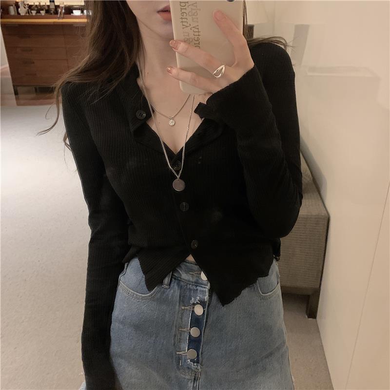 Áo len dài tay vạt chéo phối nút thời trang mùa xuân mới 2021 dành cho nữ