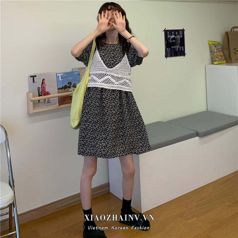 đầm ulzzang Nữ Ngắn Tay Họa Tiết Hoa Thời Trang | BigBuy360 - bigbuy360.vn