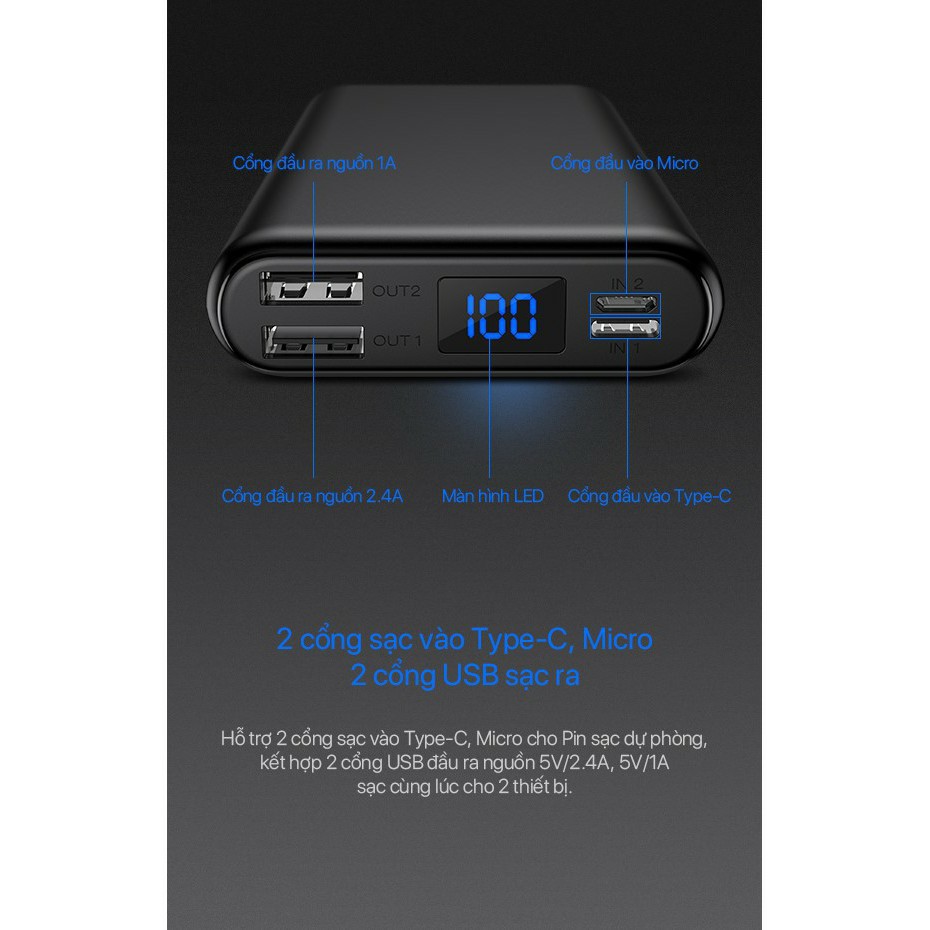 Pin Sạc Dự Phòng VIVAN 15.000mAh 12W 2 Cổng Đầu Ra/Đầu Vào - VPB-H15