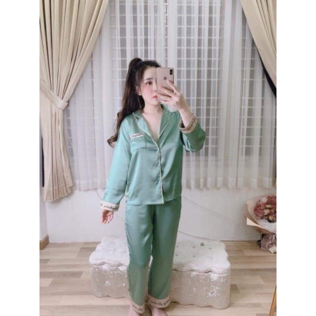 Bộ Lụa Pijama Áo Dài Quầm Dài Phối Chữ Cao Cấp