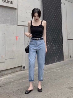 ( Size Đai) Quần Baggy Jean Xanh Nhạt Rách Bắp Chân