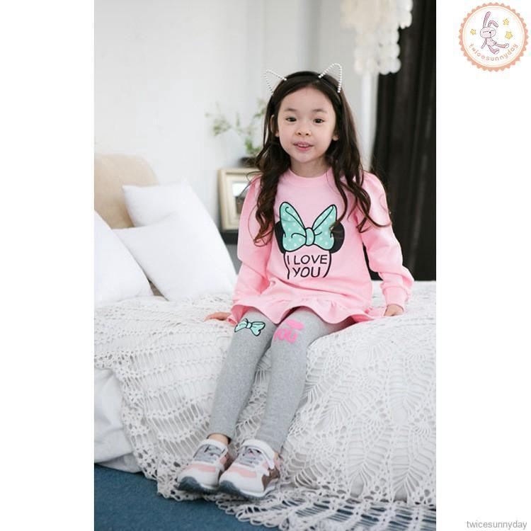Set áo thun dài tay + quần dài in họa tiết hoạt hình dành cho bé gái 3-8 tuổi