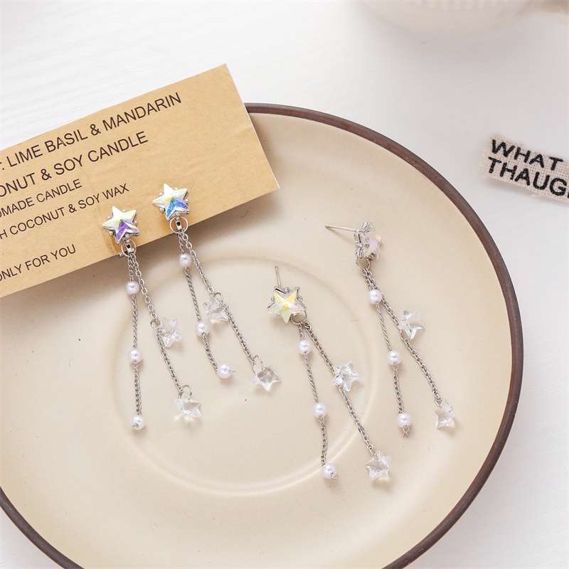 Khuyên tai kẹp không bấm lỗ chốt cố định K061 bằng hợp kim mạ bạc hình ngôi sao dáng dài Leous Accessories