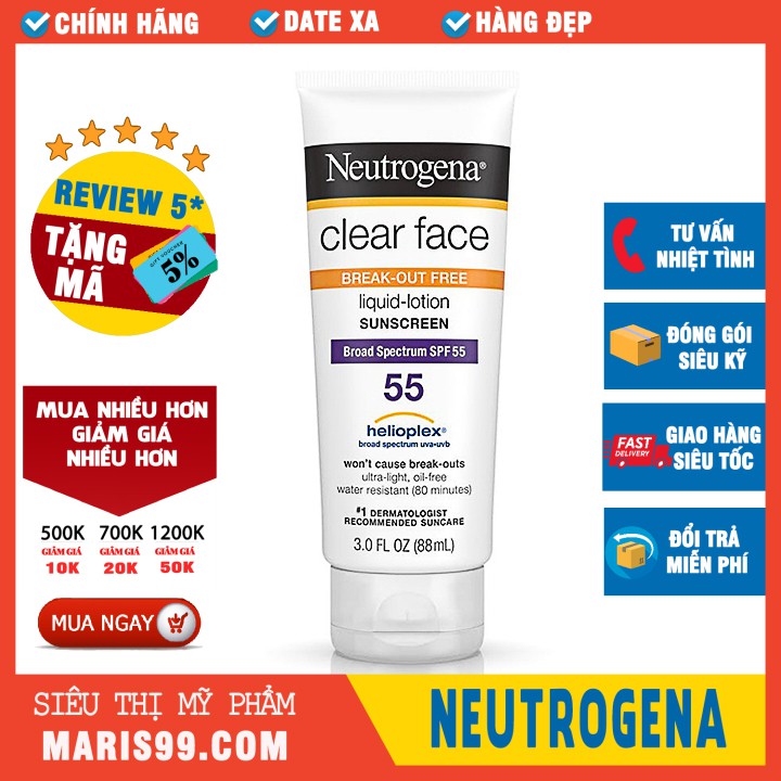 Kem Chống Nắng Neutrogena Clear Face Break Out Free Lotion Sunscreen Broad Spectrum SPF55 (88ml) _ NTG009CN