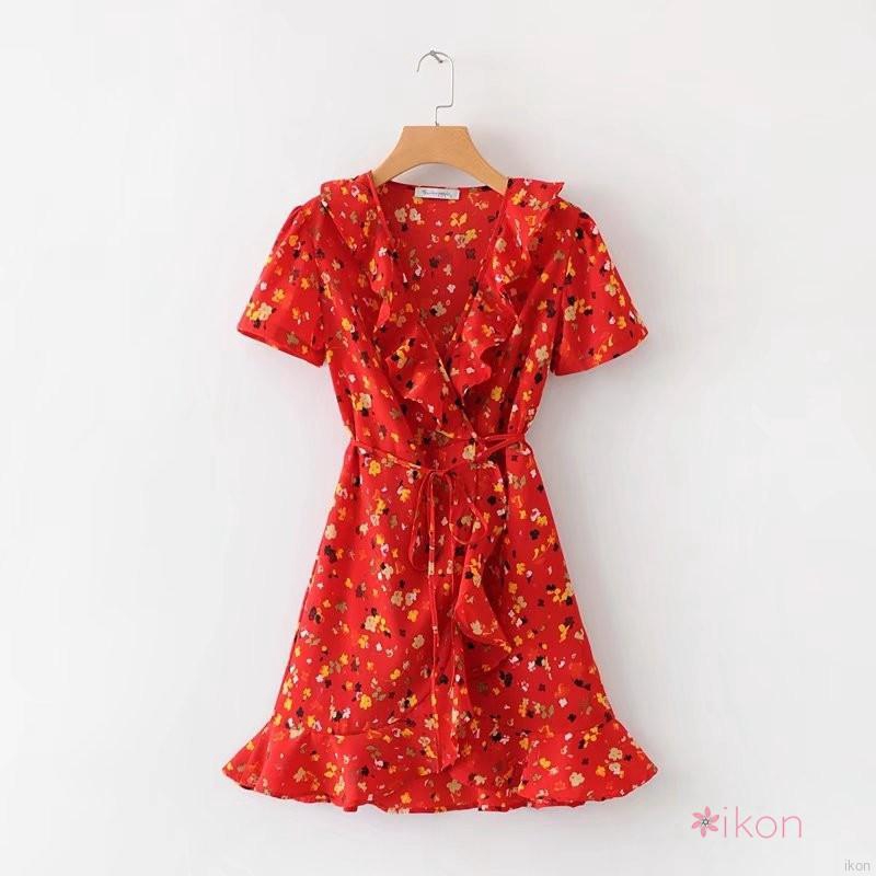 Đầm tay ngắn cổ chữ V hoạ tiết phong cách Bohemian