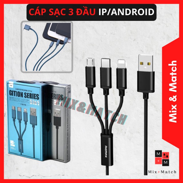 Cáp sạc Remax RC 131 - Sạc 3 đầu Micro Usb /Type C/Lightning