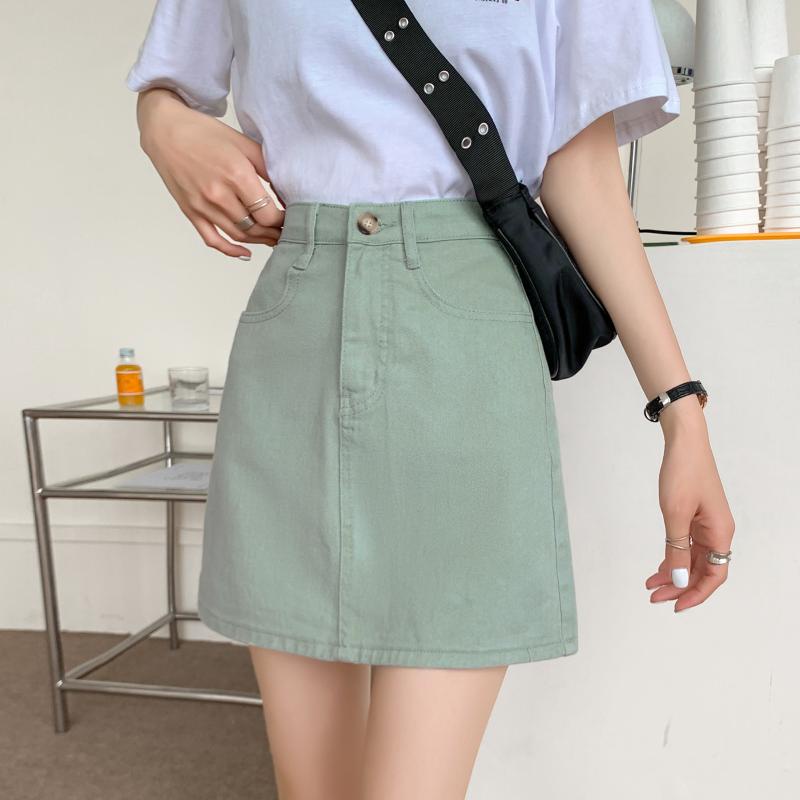 Chân váy jean lưng cao dáng chữ A thời trang mùa hè cho nữ