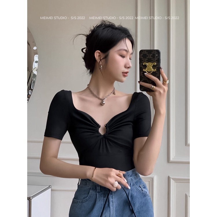 Áo thun nữ cổ tim Hàn Quốc móc xích - Vải co giãn ôm body | XTA07 | MeiMei Studio