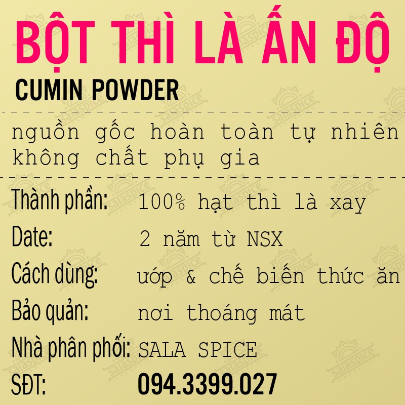 Bột Thì Là Ấn Độ SALA SPICE Cumin Power 100% thì là nhập khẩu Ấn dùng ướp thức an tiện lợi dễ dàng , thơm ngon hấp dẫn