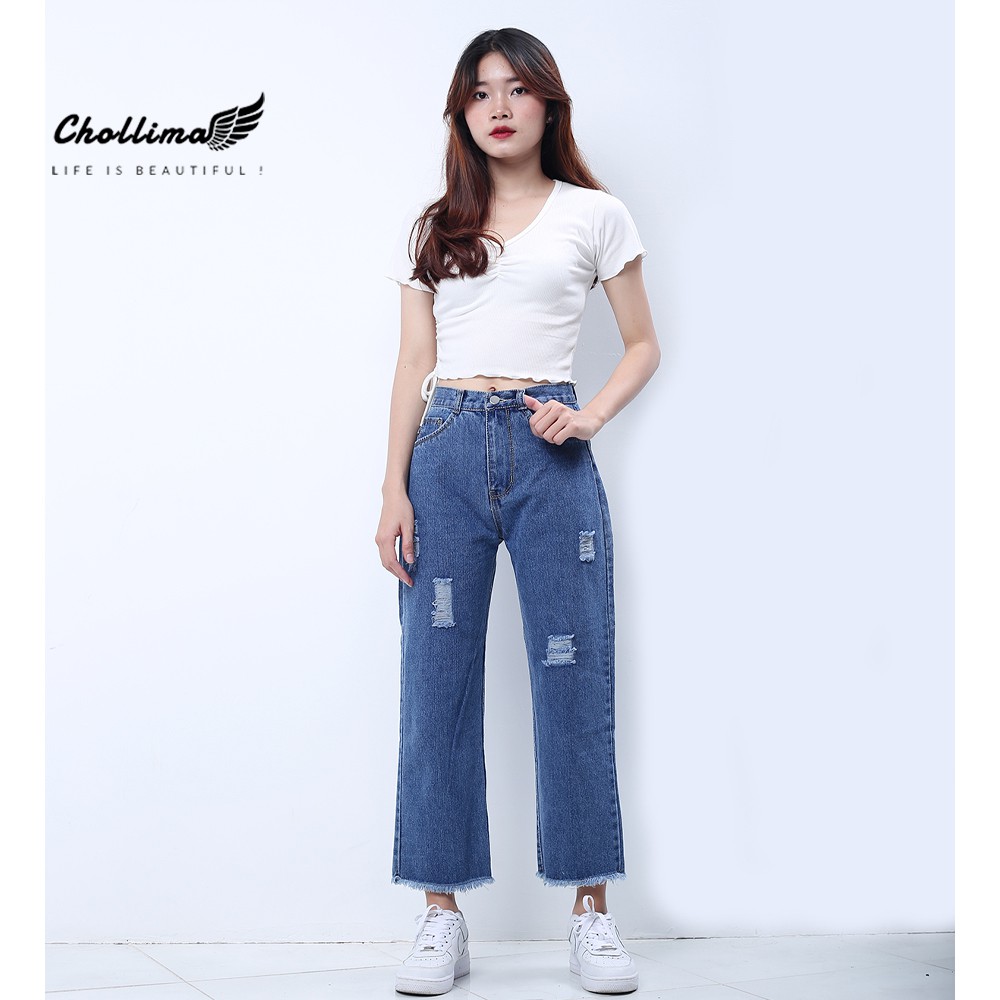 Quần baggy jeans nữ Chollima ống rộng tua lai rách màu xanh jean QD028 | BigBuy360 - bigbuy360.vn