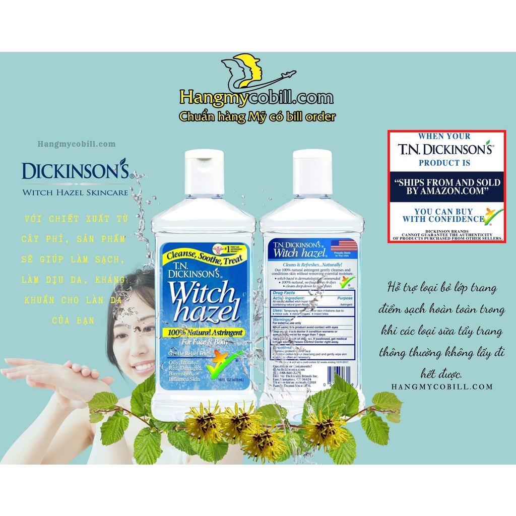 ( có bill nhập) Nước Hoa Hồng Làm Sạch, Se Lỗ Chân Lông Dickinson's Original Witch Hazel  473ml