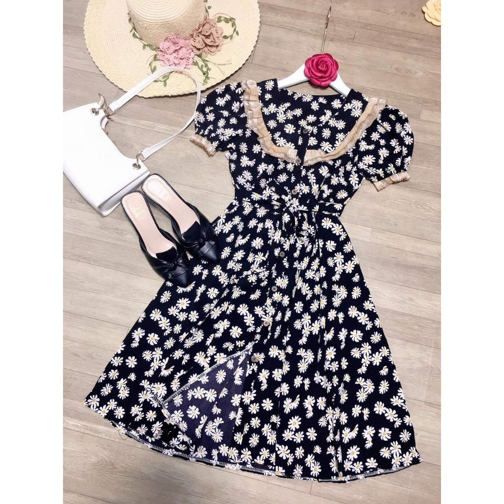 Đầm hoa nhí VINTAGE HC003 cổ viển bèo, from suông dài | BigBuy360 - bigbuy360.vn