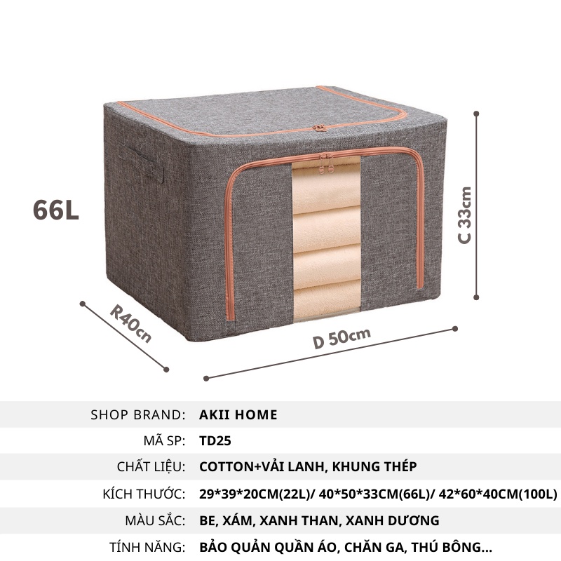 Túi Đựng Quần Áo Khung Thép, Vải Lanh Cao Cấp, Nhiều Dung Tích 24L-66L-100L Akii Home TD29