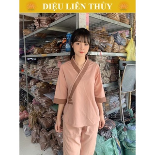#áo lam đi chùa, #đồ đi chùa - xéo 3 nút kate