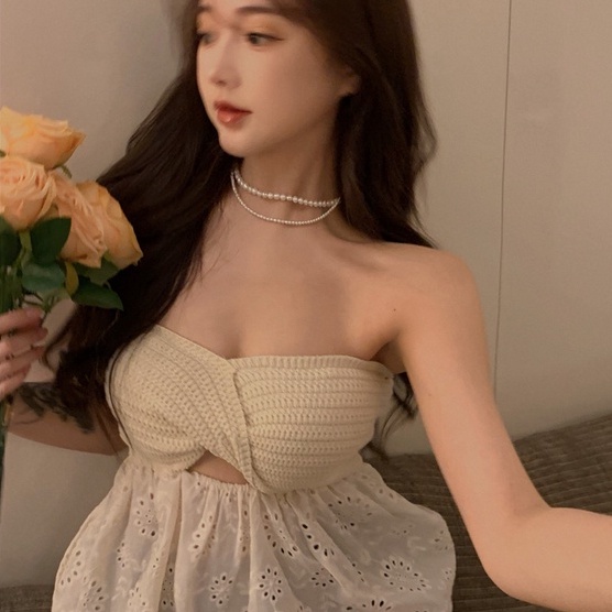 Áo ZHELIHANGFEI dệt kim phối ren hở vai quyến rũ thời trang sành điệu