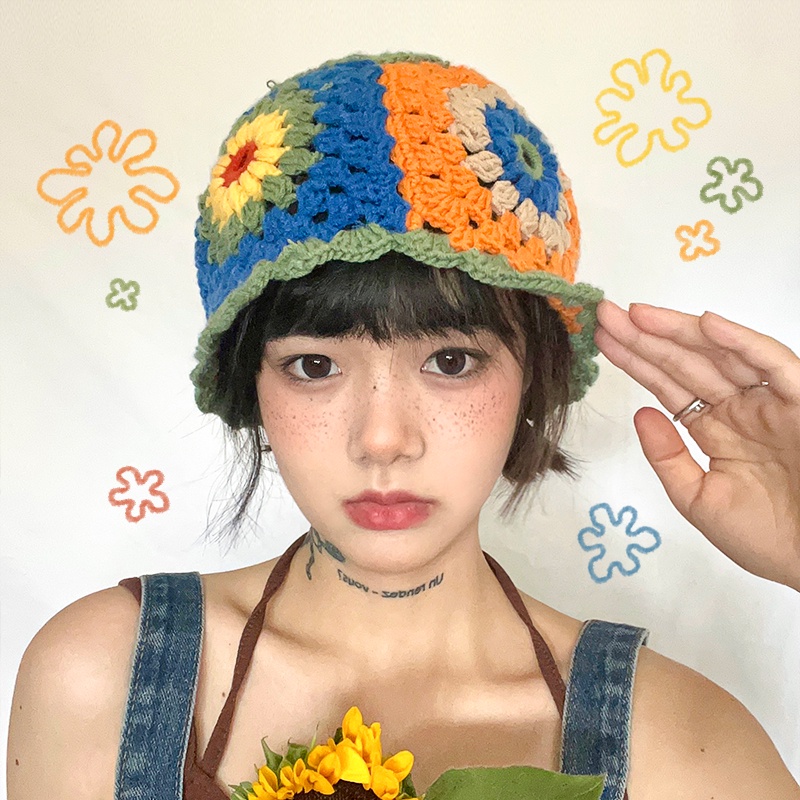 Mũ bucket Dệt Kim Hoạ Tiết Hoa Xinh Xắn Cho Nữ