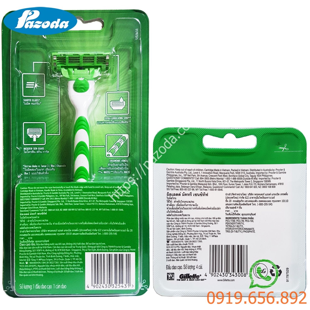 Bộ dao cạo râu 3 lưỡi Gillette Mach 3 Sensitive (1 tay cầm và 5 đầu cạo)