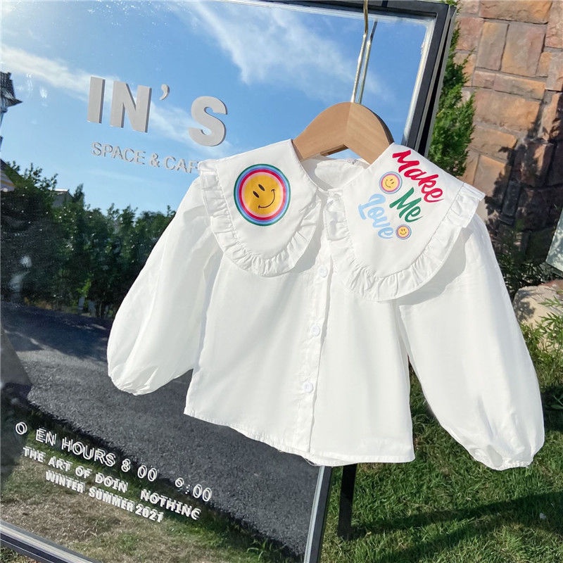 Áo sơ mi cotton cổ búp bê họa tiết hoạt hình phong cách Hàn Quốc 2021 cho bé gái