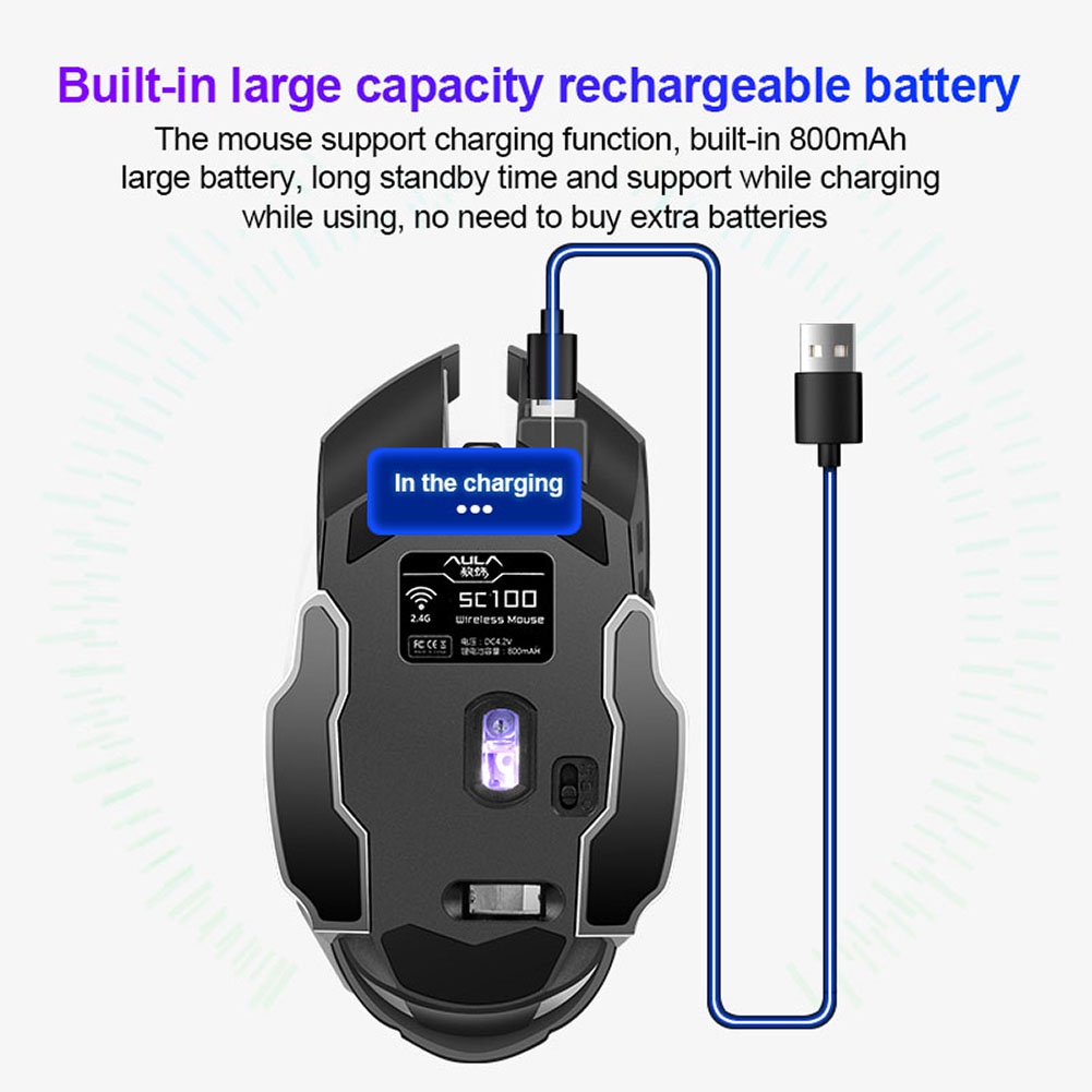 Chuột quang không dây AULA SC100 800mAh đèn 4 màu cho máy tính