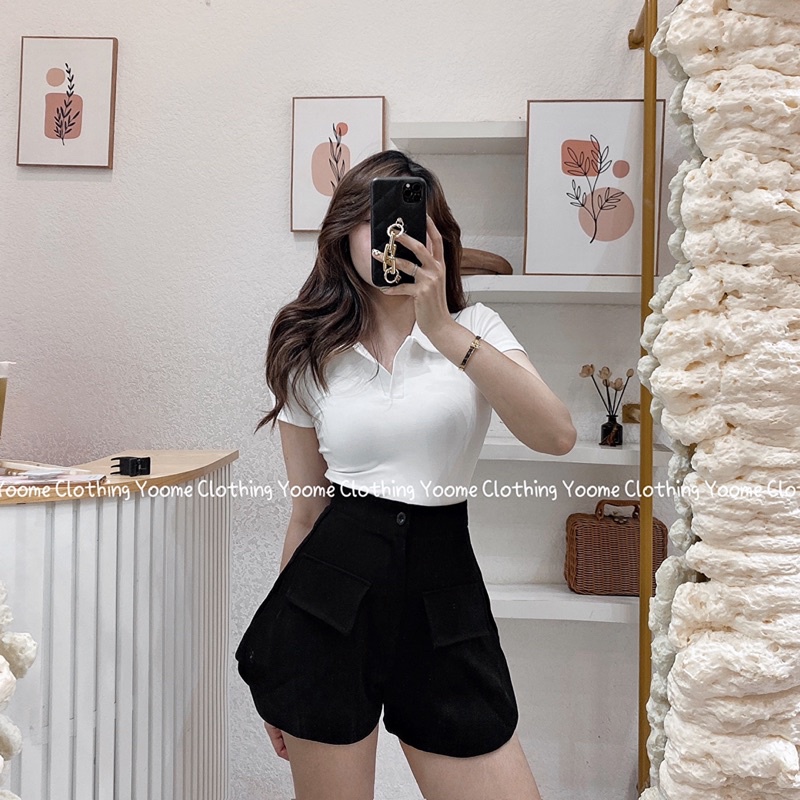 Áo croptop cổ bẻ polo đức cổ V chất cotton hàn cho nữ Yoomeclothing