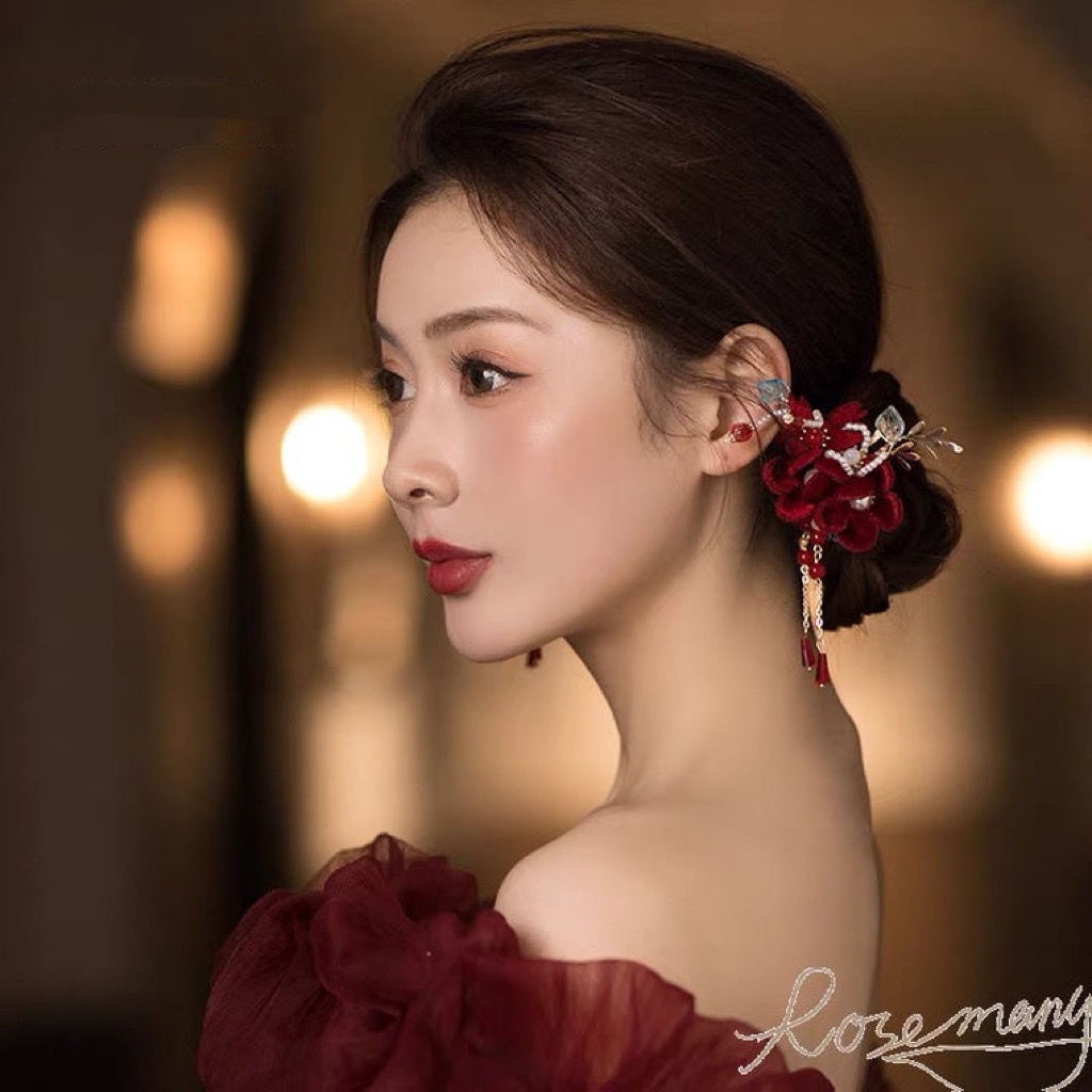 Trâm Cài Tóc Nhung Hình Chữ U Nhỏ Màu Đỏ Phong Cách Cổ Điển Cho Cô Dâu