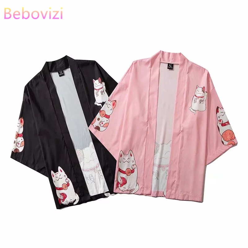 Fashion Pink Black Lucky Cat Women Men's Kimono Outer Blouse Japanese Loose Harajuku Unisex Clothes