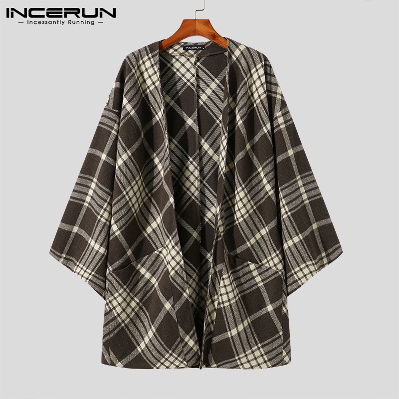 Áo cardigan len rộng INCERUN tay dài kẻ ô lưới mùa đông Nhật Bản cho nam
