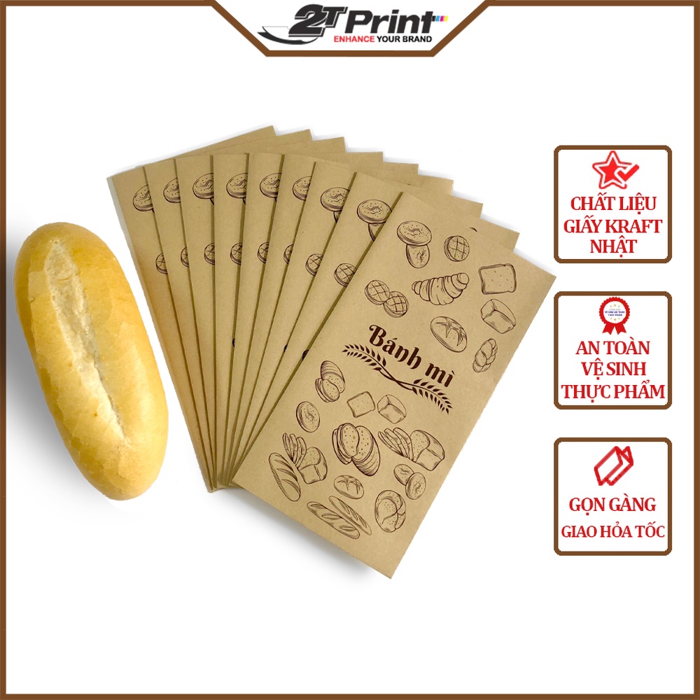 Combo 500 Túi Đựng Bánh Mì In Sẵn, Kích Thước 13x25cm - Giấy Kraft Nhật Cao Cấp Không Mùi, An Toàn Thực Phẩm